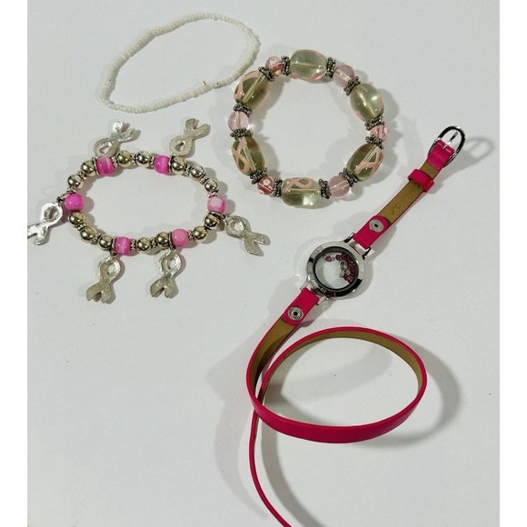 Breast Cancer Awareness Bracelet Set Origami Owl Rhinestone Bracelet Pink Ribbon - Picture 6 of 8